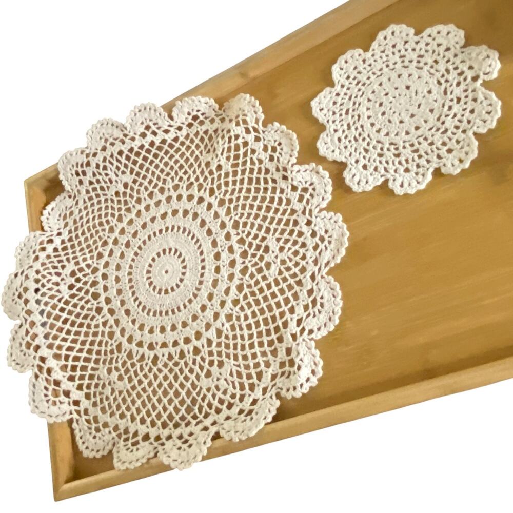Vintage Handmade Crochet Doilies Set of 2 Ecru Cotton Round Lace Table